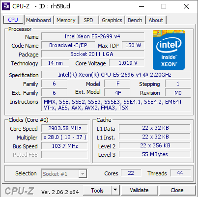 Intel Xeon E5-2699 v4 @ 2903.58 MHz - CPU-Z VALIDATOR