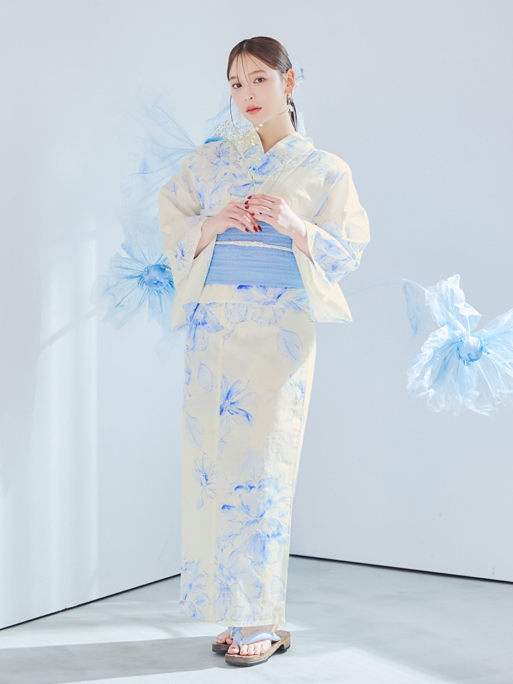 即日発送】グラデーションブルー牡丹和モダン浴衣【浴衣3点セット