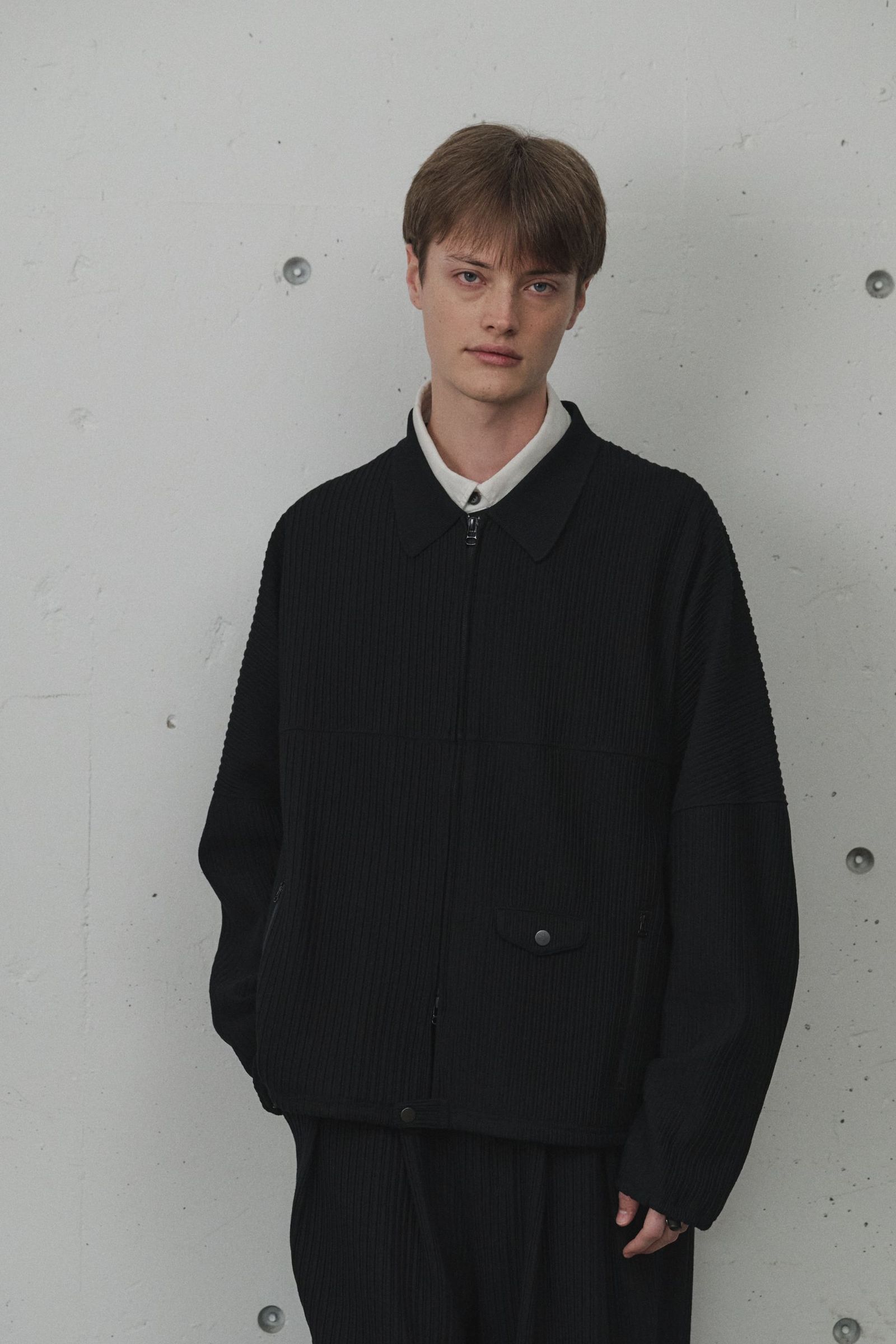 ANCELLM - WRINKLED STRIPE SHORT SHIRT JACKET | BLACK | ブルゾン