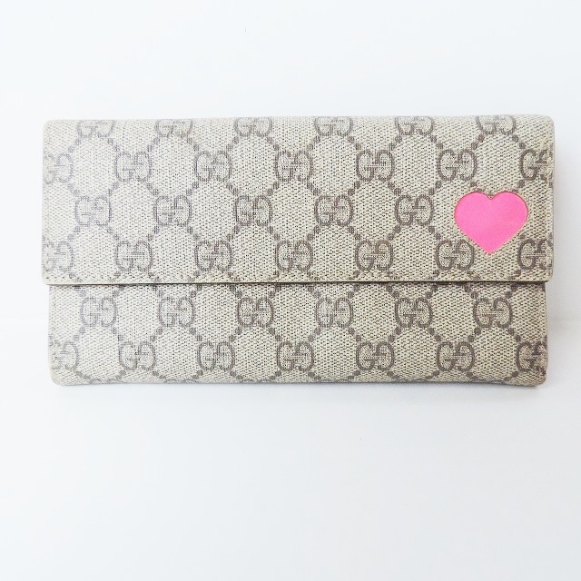 グッチ/長財布/ネオンハート,GG柄/ベージュ×ダークブラウン×ピンク