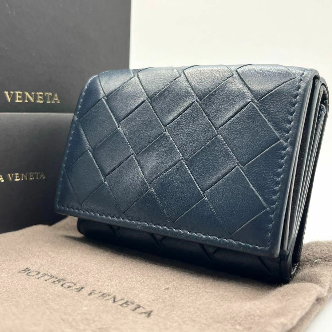 極美品】ボッテガヴェネタイントレチャートマネークリップ ネイビー財布紺