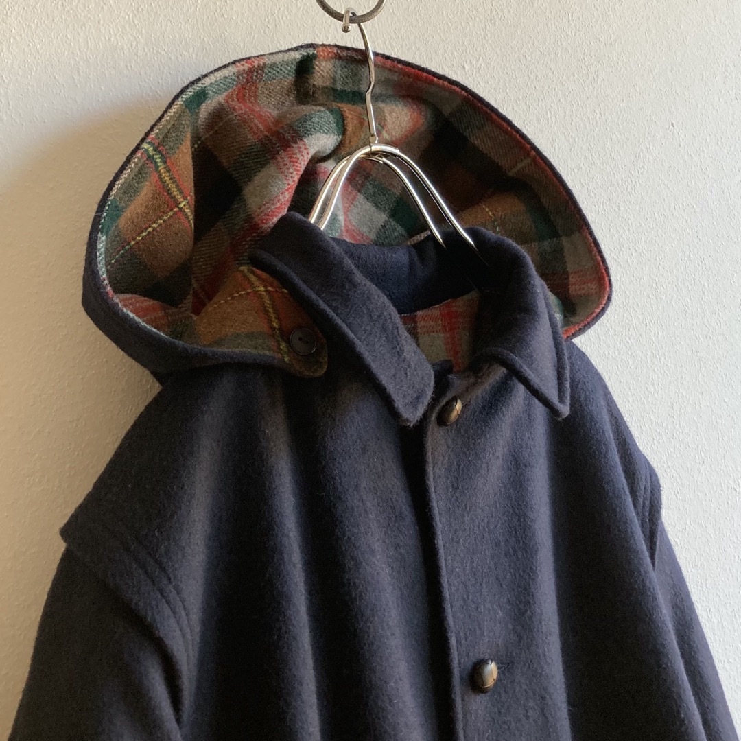 イタリア製 ビンテージ ウールメルトン 2way フーディー ロングコート 紺