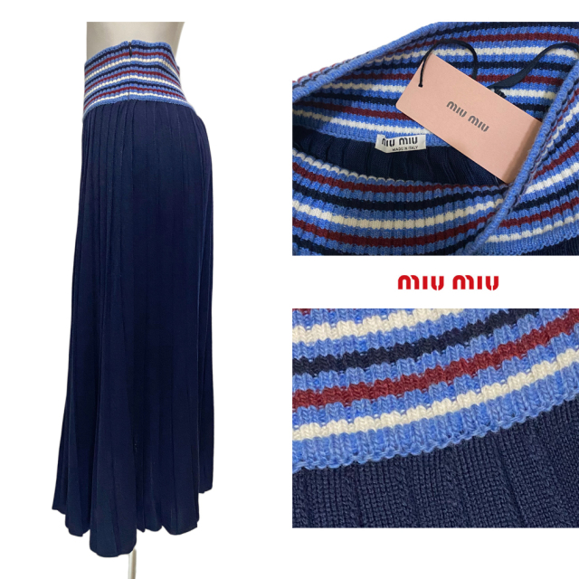 ミュウミュウ ニットプリーツロングスカート ネイビー #40 miu miu